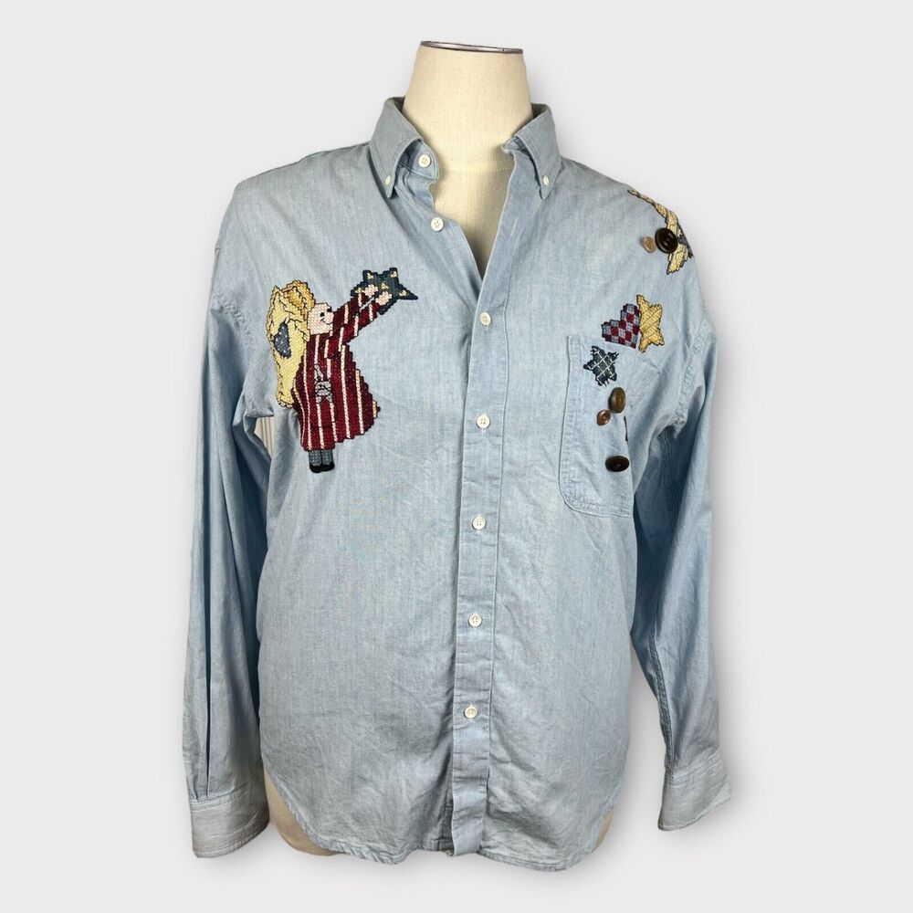 L.L. Bean 90s Embroidered Angel Celestial Denim Jean Shirt‎ Blouse 2X Womens